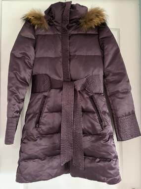 Laundry by Design Hooded Faux Fur Trim Belted Puffer Coat Purple Small
